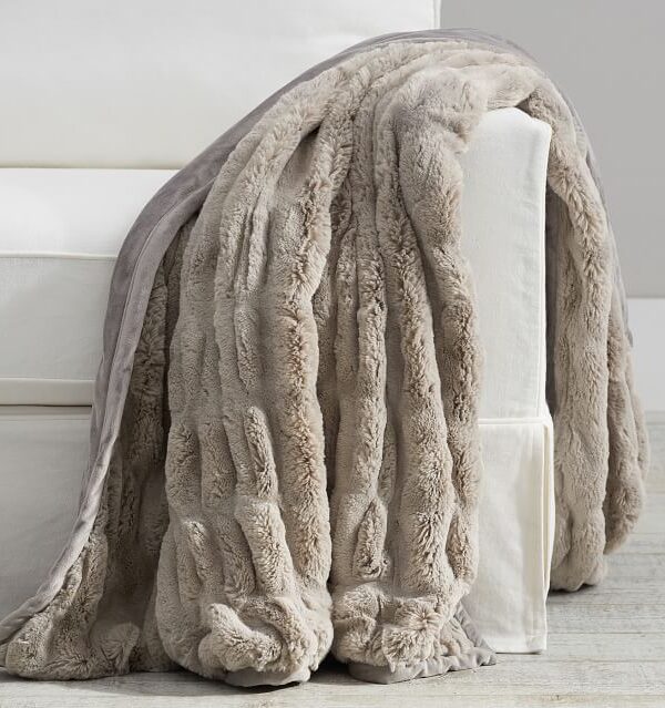 Faux Fur Ruched Throw Grey